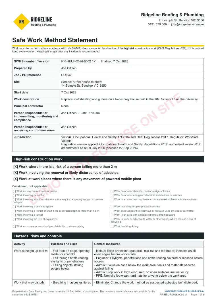 First page of a sample SWMS for a roof re-sheet in Victoria