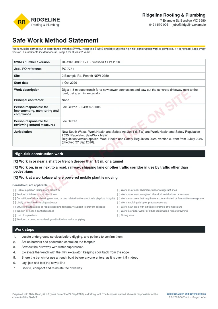 First page of a sample SWMS for a trench and driveway job in NSW