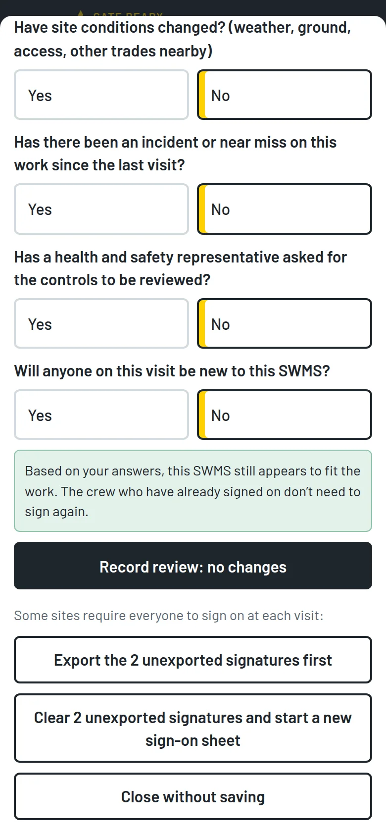 Gate Ready site visit review screen
