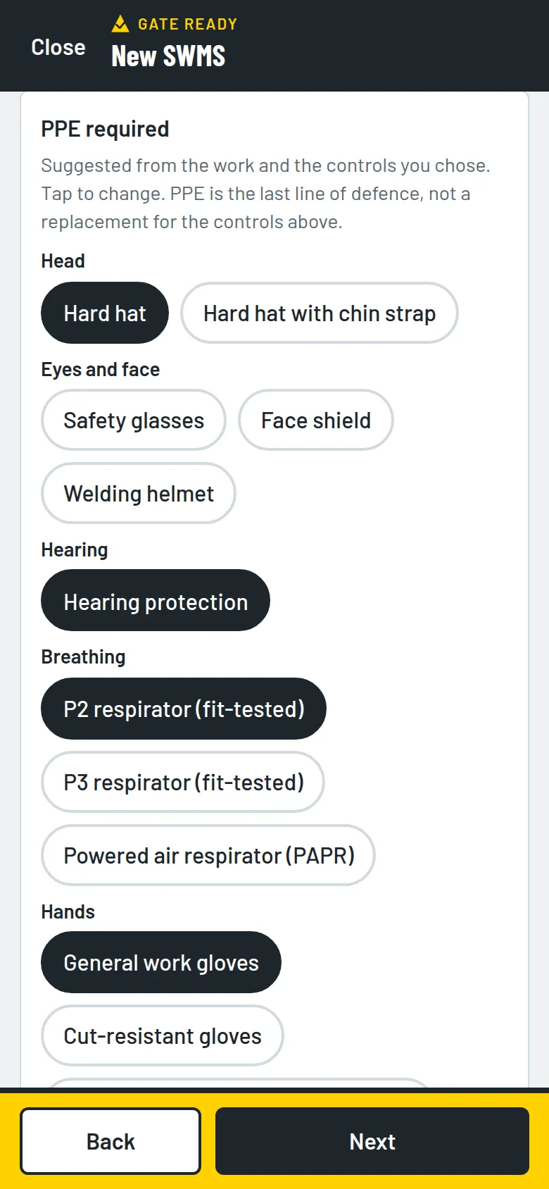 Gate Ready PPE screen showing a reason for each item