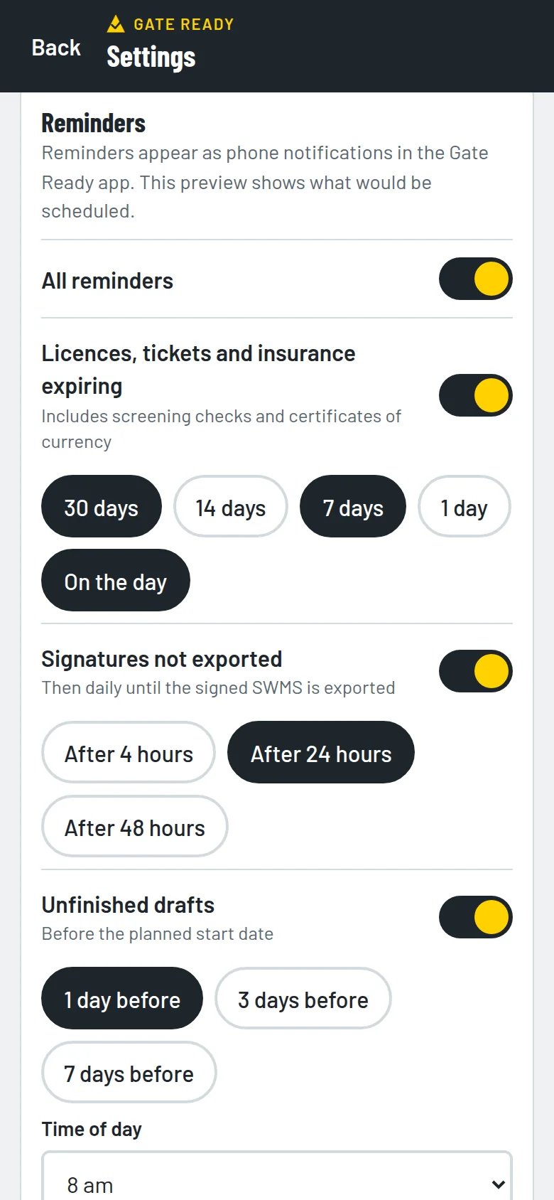 Gate Ready reminders screen for licences, insurance and unfinished SWMS