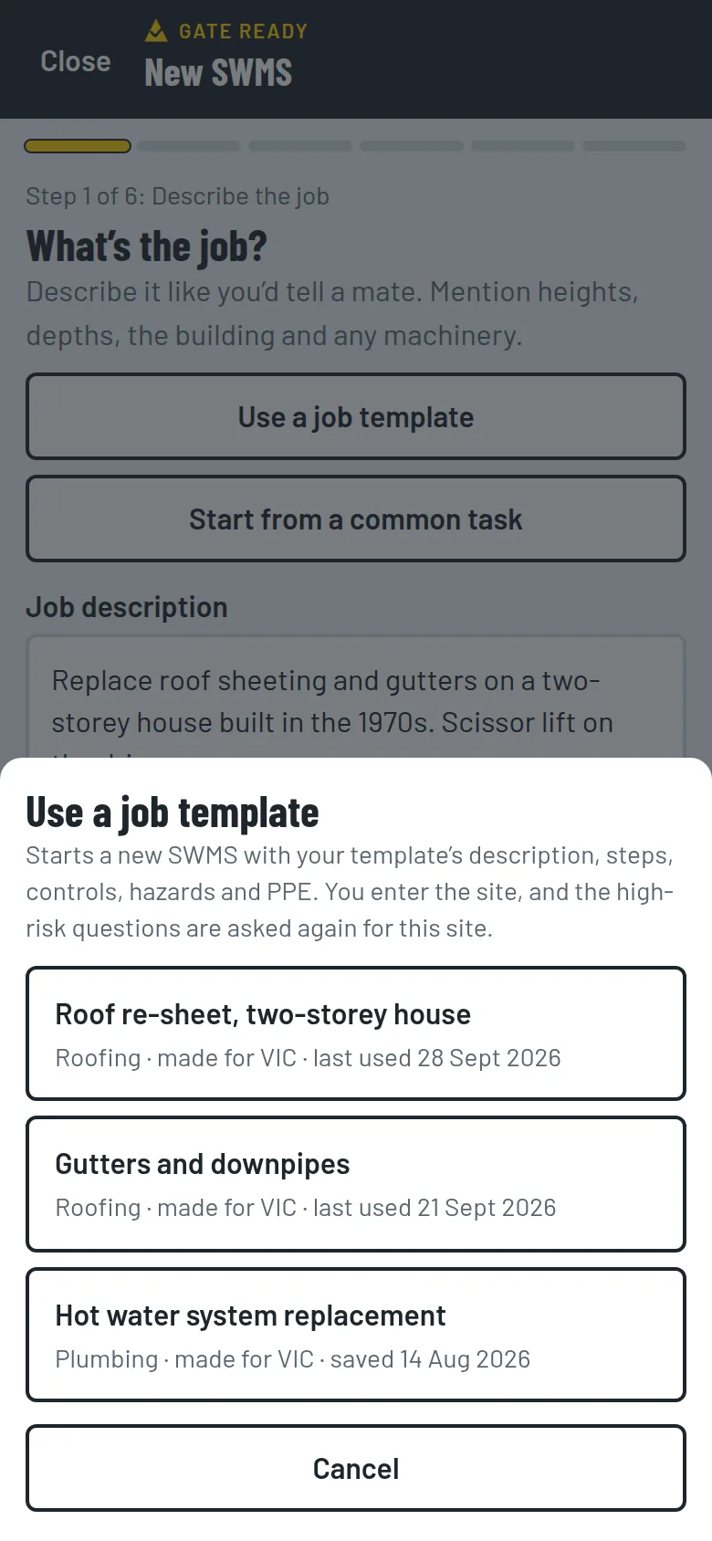 Gate Ready job templates screen